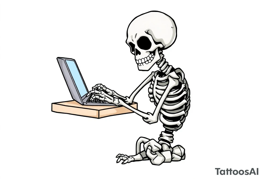 skeleton working at a desk with a laptop tattoo idea