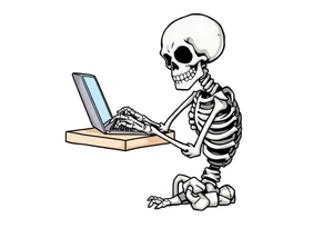 skeleton working at a desk with a laptop tattoo idea