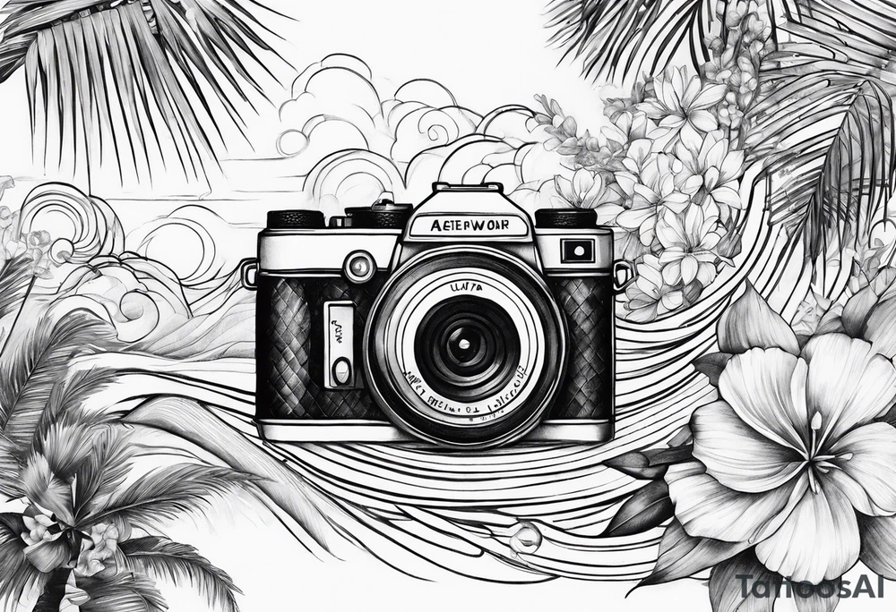 wave,, flower, palm, camera tattoo idea