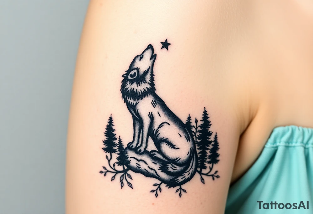 Lone wolf howling at the moon in the forest in the night Columba star tattoo idea