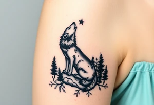 Lone wolf howling at the moon in the forest in the night Columba star tattoo idea