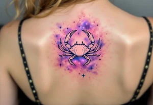 A pale crab silhouette floats within an ethereal pink and violet galaxy containing the Cancer stars constellation. tattoo idea