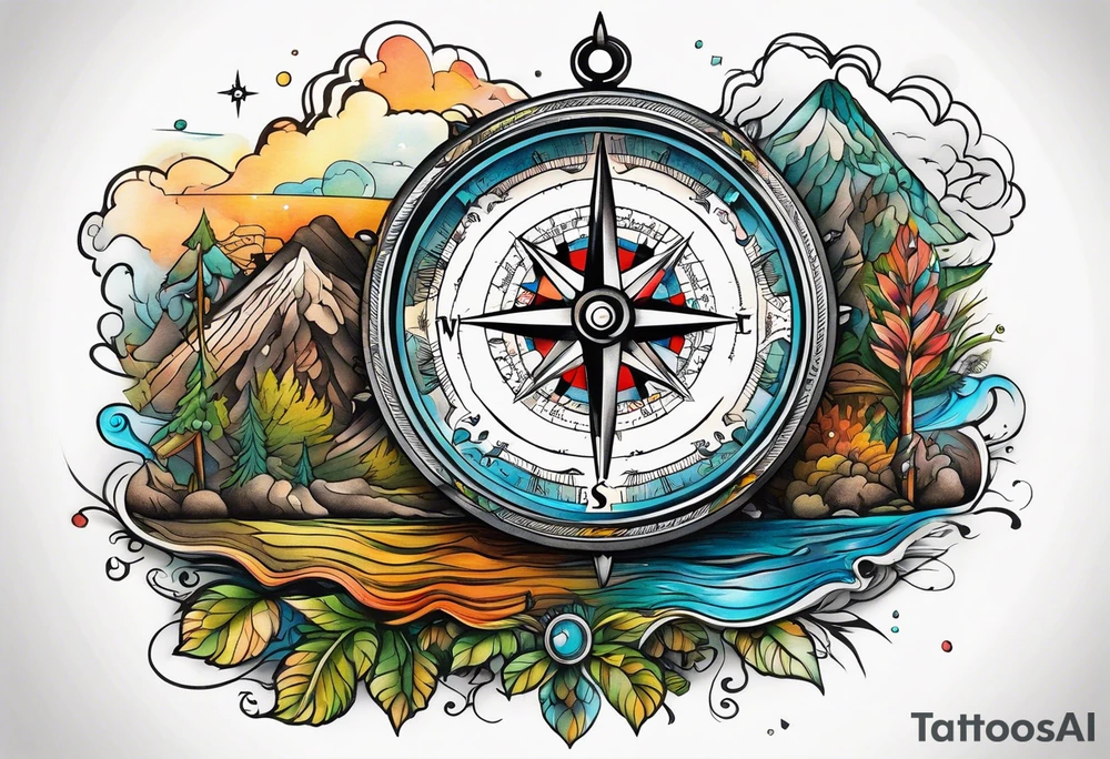 vintage compass with river falling over it tattoo idea