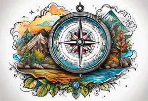 vintage compass with river falling over it tattoo idea