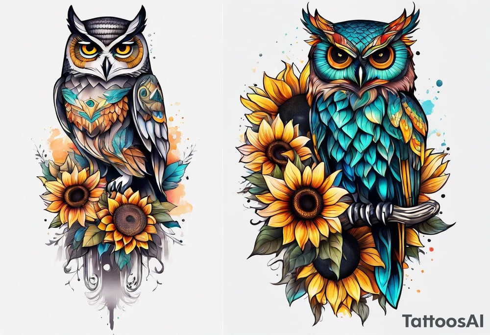Leg sleeve with colorful sunflowers and an owl tattoo idea
