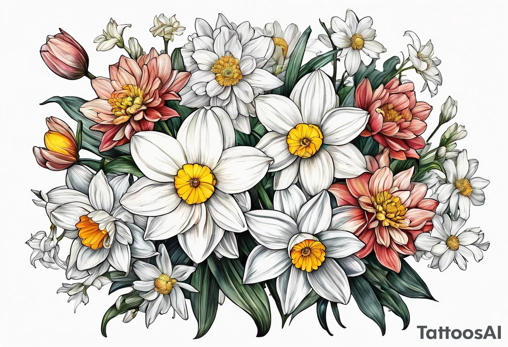 Narcissus, CHRYSANTHEMUM, COSMOS, SNOW DROP in bouquet w stems tattoo idea