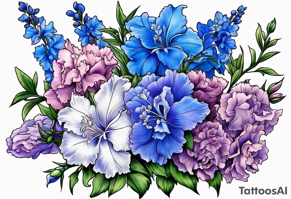 Larkspur flowers and carnation flowers in all color. Colors blue, purple, green, and light blue tattoo idea