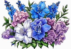 Larkspur flowers and carnation flowers in all color. Colors blue, purple, green, and light blue tattoo idea