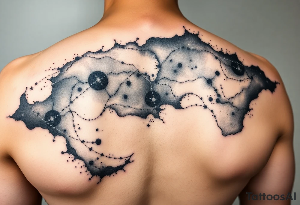 Beautiful and epic 3d milky way that appears to be what is beneath the skin. Make it drape over the shoulder and move to the middle back. use negative spaces to create stars and dust. Incorporate God breathing life into the universe. Keep it symmetrical tattoo idea