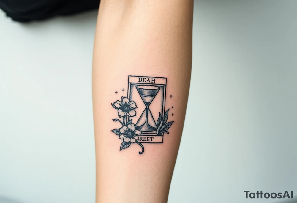 Death tarot card surrounded by a flower and hour glass tattoo idea