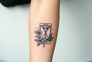 Death tarot card surrounded by a flower and hour glass tattoo idea