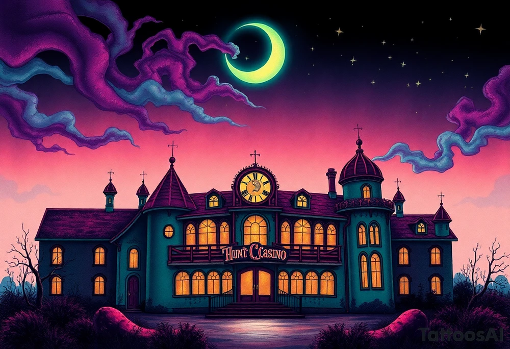 Tim Burton’s haunted casino is abandoned and dripping with muted reds, dusty pinks, and eerie green glow.purple and cyan smokey clouds swirl in the crescent moonlit sky thats sprinkled with stars tattoo idea tattoo idea
