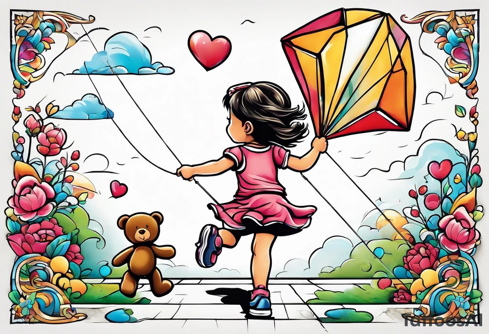 the back of a little girl running away holding a kite with a roller skating teddy bear behind her tattoo idea