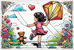 the back of a little girl running away holding a kite with a roller skating teddy bear behind her tattoo idea