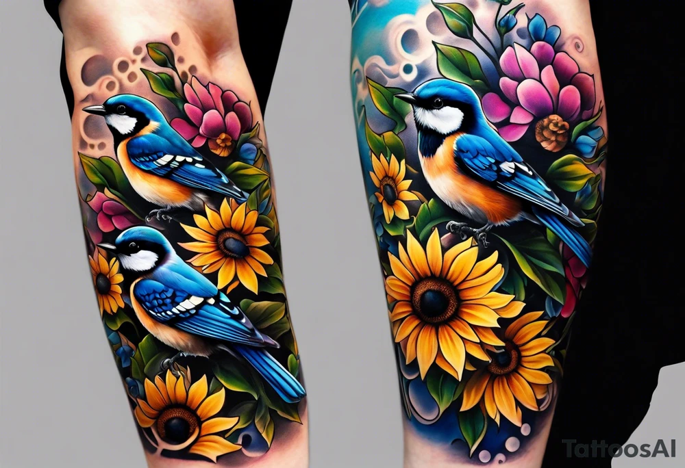 A lower forearm sleeve full colour coming down from a bicep with flowers joined with honeycombs, Mandela flowers, sunflowers, chickadee bird, blue Jay, humming bird, and owl.  Sweet pea and honey suckle flowers. tattoo idea