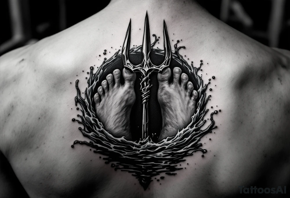 barefeet behind trident with water tattoo idea