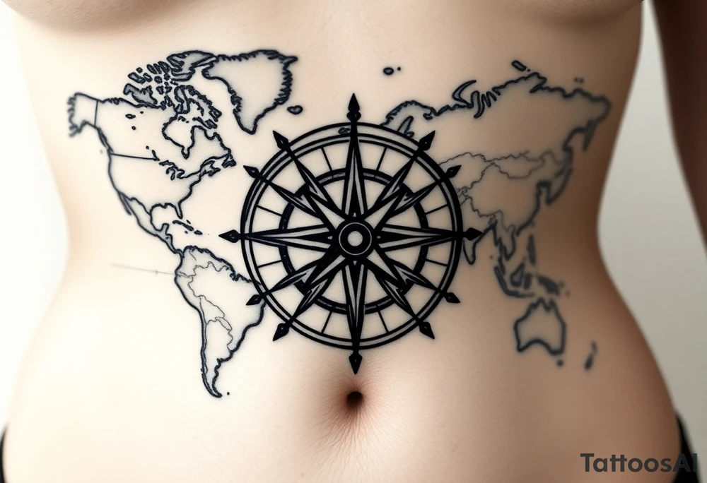 antique compass rose overlaid on weathered world map with sailing ships tattoo idea