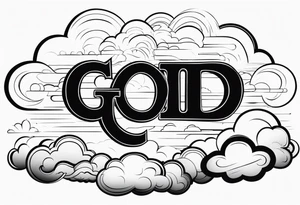 The word God in a biblical text. Clouds behind it tattoo idea