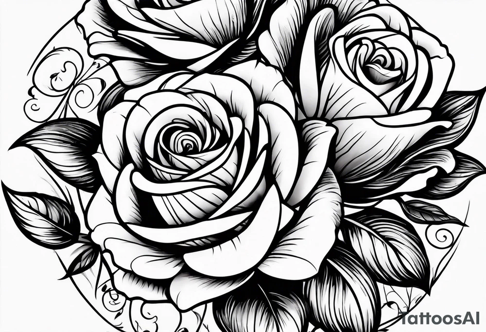 Roses and tulips with decorative swirls tattoo idea