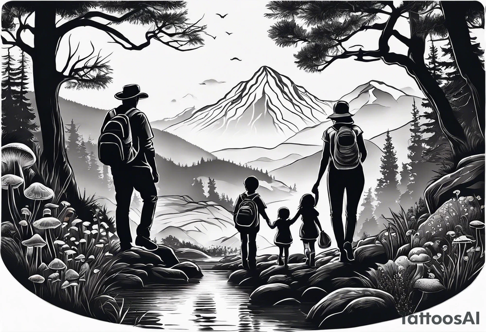Family silhouette father, mother, son, 2 daughters foraging mushrooms with mountains and creek in background tattoo idea