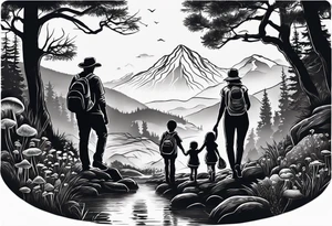 Family silhouette father, mother, son, 2 daughters foraging mushrooms with mountains and creek in background tattoo idea