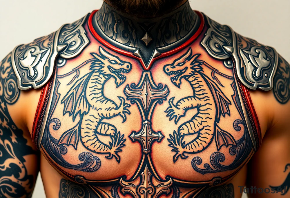 A close-up of an ornate Templar knight’s breastplate, with detailed engravings of dragons tattoo idea