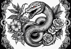 sleeve tattoo with a snake, gun, weed symbol and a medallion that says Hydra tattoo idea