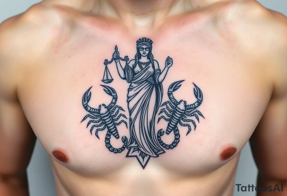 The figure of the blind Lady Justice next to two Scorpions tattoo idea