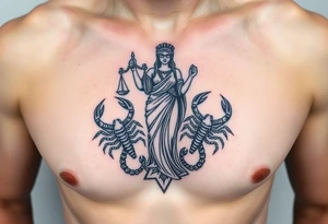 The figure of the blind Lady Justice next to two Scorpions tattoo idea