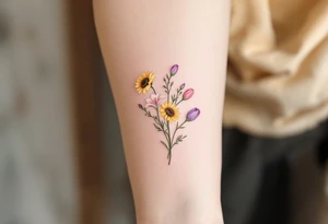 small yellow sunflowers and sunflower buds with   a small stargazer Lilly in pale pink and pale purple tulip buds  in a dainty wildflower bouquet with light green stems. Low detail. tattoo idea