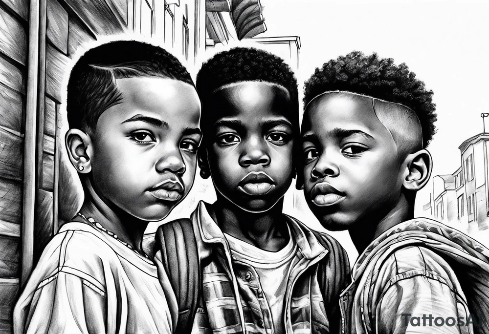 three black school age brothers close in age ahead down a street together full bodies and the side of ones face is visible tattoo idea