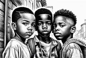 three black school age brothers close in age ahead down a street together full bodies and the side of ones face is visible tattoo idea