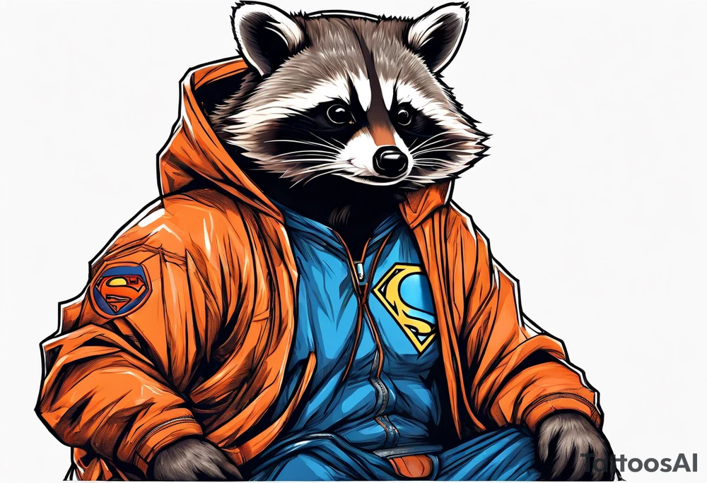 Raccoon wearing an orange Superman hoodie tattoo idea