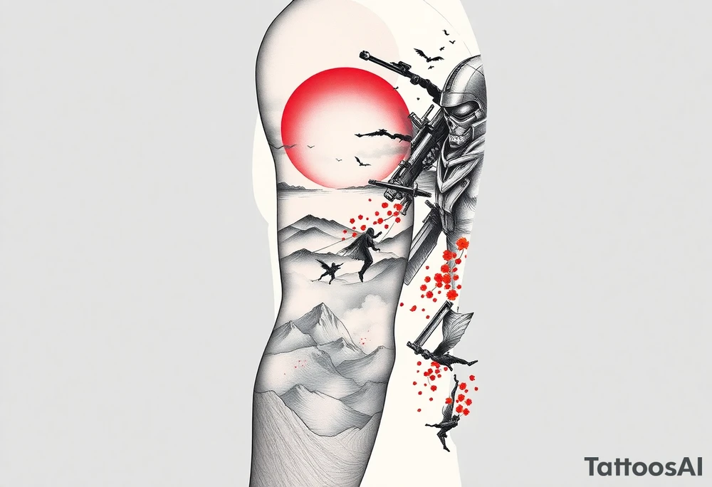 Full arm sleeve tattoo design, black and grey sketch incorporating the following:
Halo Reach: skyline in storm clouds with ember-red glow, emille silhouette in distance.
Ghost of Tsushima: Jin Sakai face and mask, katana behind, with flowing blood-red cherry blossoms drifting across.
Helldivers 2: silhouettes of Helldivers dropping from pods through smoke and sparks (orange sparks glowing), wrapping around the elbow area.
DOOM Eternal: hyper-realistic Doom Slayer silhouette with super shotgun over shoulder, fire and flames around



Inner left arm: Firewatch tower in silhouette on ridges, orange and purple dusk glow blending into smoke. tattoo idea