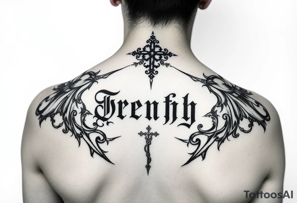 Gothic french on a woman’s back tattoo idea