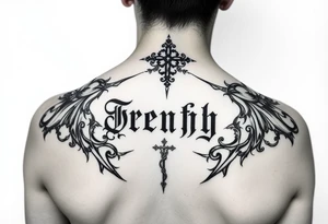 Gothic french on a woman’s back tattoo idea