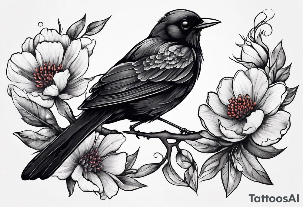 A black bird with its wings open on a branch with flowers and a cancer ribbon around the branch tattoo idea