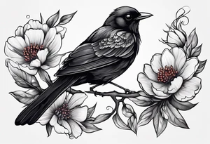 A black bird with its wings open on a branch with flowers and a cancer ribbon around the branch tattoo idea