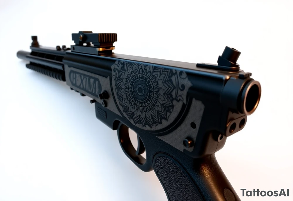 "Minimalist black tattoo of a Maxim M1910 machine gun (side view) where:  
1. Barrel transforms into a Tibetan mandala (геометрический узор, 8 спиц)  
2. Cooling jacket (водяная рубашка) стилизована под буддийские колеса сансары  
3. Прицел — крошечное зеркальце (1-2 мм), встроенное в кожу  
4. Лента патронов становится буддийской молитвенной лентой с микротекстом «Ом мани падме хум»  

Стиль:  
- Чистая линия (1 мм толщиной) + точечная штриховка для объема  
- Без теней, только черные чернила  
- Размер: 10 см в длину (вдоль предплечья)  

Философская отсылка:  
«Оружие как инструмент просветления» (из «Чапаева и Пустоты»)" tattoo idea