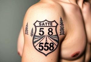 Arm sleeve small State Route sign 558, with trees all around and farm in background, road w/ view in English tattoo idea