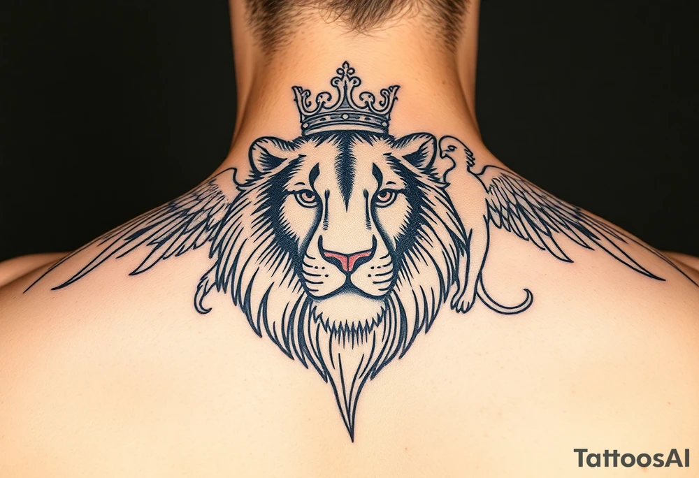 Lion with crown and an angel on forearm tattoo idea