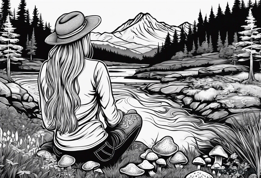 Whole picture encircled fully

Straight long blonde hair hippie girl in distance holding mushrooms in hand facing away toward mountains and creek surrounded by mushrooms long sleeve shirt and hiking pants; whole rendering within a full circle, no cut off circle tattoo idea