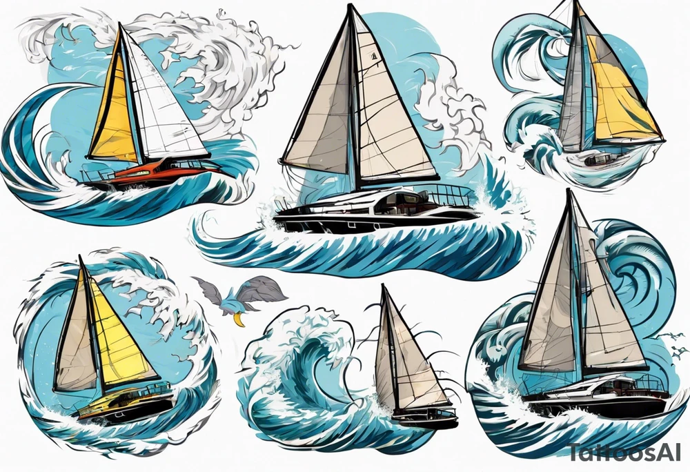 Sailing Catamaran in Rough weather and waves tattoo idea