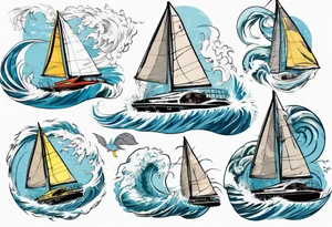 Sailing Catamaran in Rough weather and waves tattoo idea