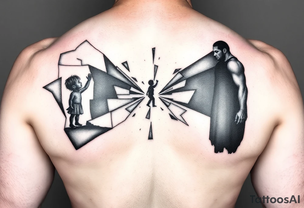Shattered mirror tattoo design, geometric mirror shards floating, dual reflection showing silhouette of small child reaching upward on one side and strong adult figure on opposite side, fragments create the complete image when viewed together, black ink with geometric patterns, negative space important, upper arm wrap design, abstract symbolic style, transformation theme tattoo idea