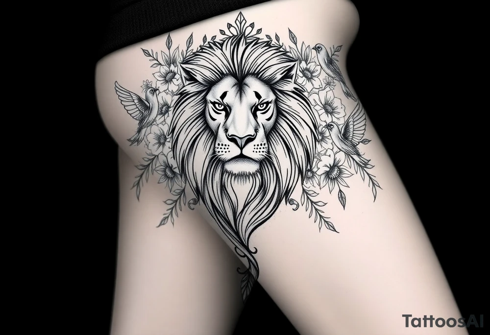 powerful majestic lion with a crown, surrounded by floral ornaments and birds tattoo idea
