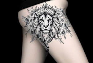 powerful majestic lion with a crown, surrounded by floral ornaments and birds tattoo idea