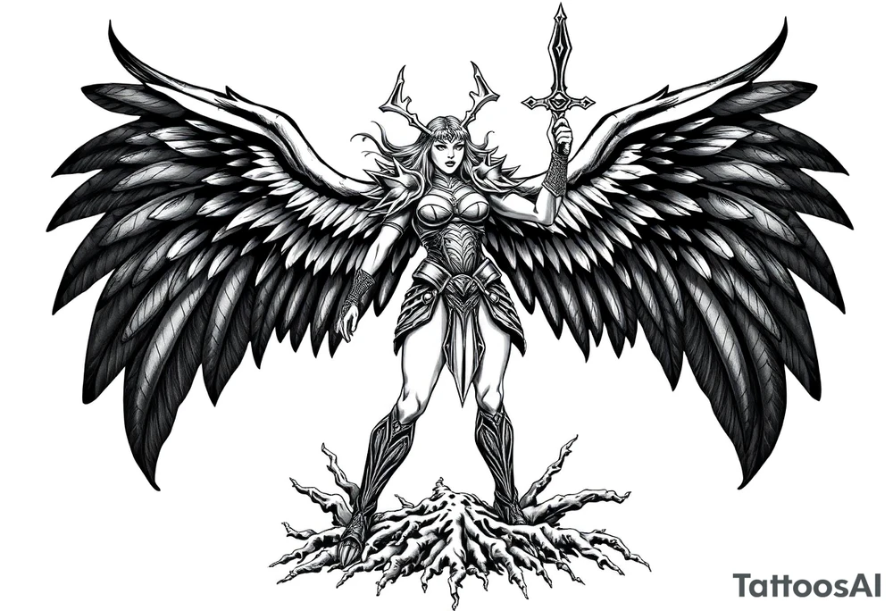 A fierce looking Valkyrie with very big dark wings. The whole body with legs should be visible.
She has armor.
She is standing in a battle ready pose with a sword held high.

She is screaming.
She is standing on roots tattoo idea