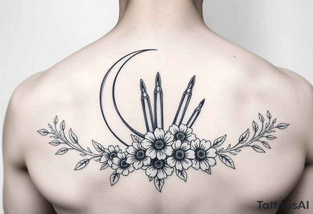 waxing crescent, bullets, flowers, music tattoo idea