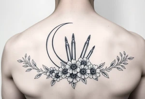 waxing crescent, bullets, flowers, music tattoo idea